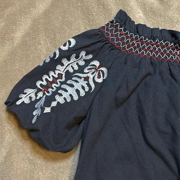 Navy Blue Off the Shoulder Shirt with Embroidery | Rebellion Off the Shoulder - Picture 8 of 13